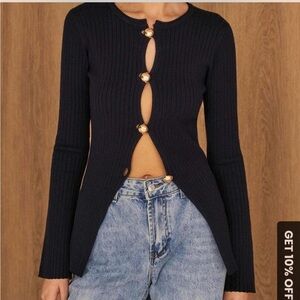 Navy Blue Ribbed Cardigan with Gold Buttons